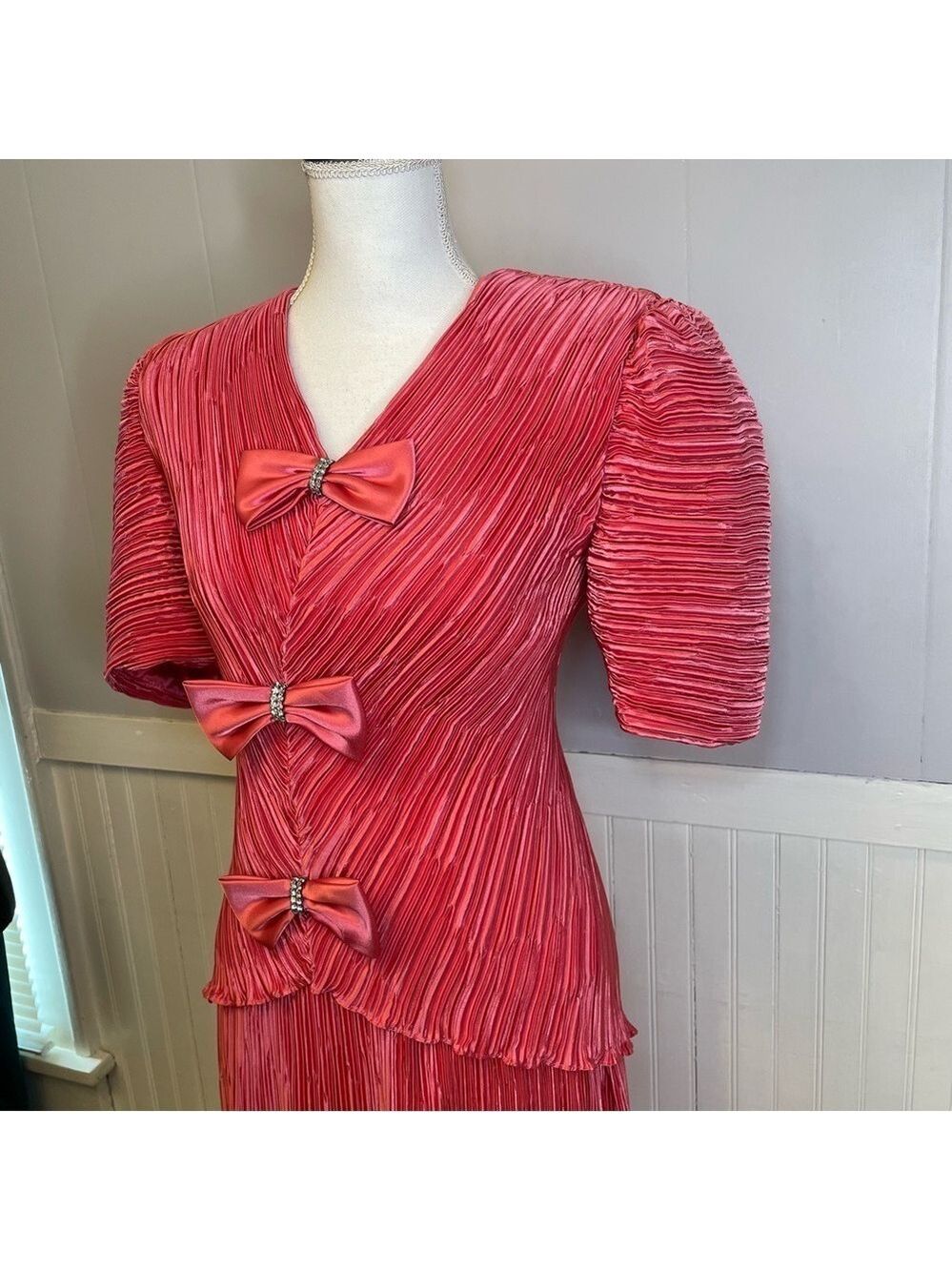 Karen Lawrence Vintage Skirt Set Womens Midi Embellished Bow Event Green 80's 16 - Picture 6 of 13